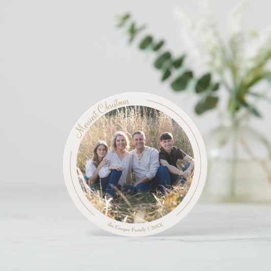 Crème Elegante Minimalistische Kerstfoto Feestdagenkaart (Staand voorkant)