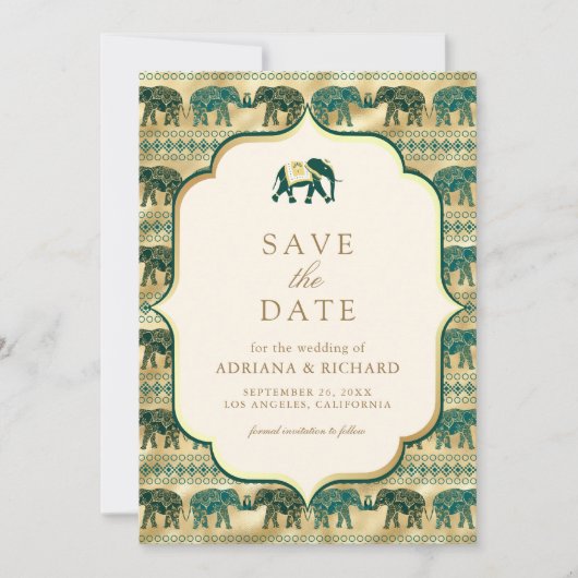 Crème Emerald Gold Elephant Indian Trouwfoto Save The Date (Voorkant)