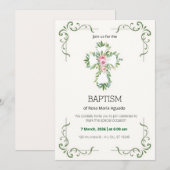 Crème en beige bloemige grens doop kaart (Voorkant / Achterkant)