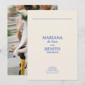 Crème en Blauw Moderne Minimalistische Fotobruilof Kaart (Voorkant / Achterkant)