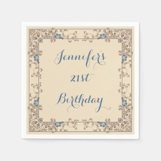 Crème en blauwe art nouveau bloemenrand servetten (Voorkant)