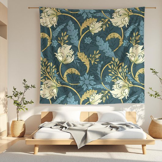 Crème en blauwe bloemen Art Nouveau Fleece Deken