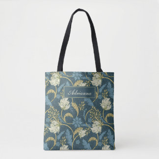 Crème en blauwe bloemen Art Nouveau Tote Bag