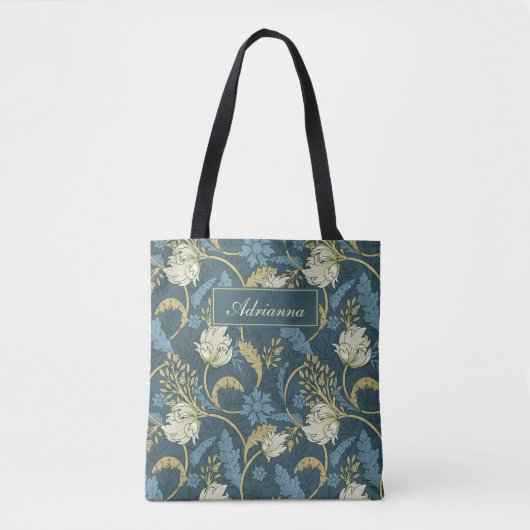 Crème en blauwe bloemen Art Nouveau Tote Bag (Voorkant)