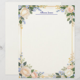 Crème en Blauwe Bloemen met Gouden Kader Briefpapi Briefhoofd