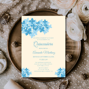Creme en blauwe hortensia bloemen unieke Quinceañe Kaart