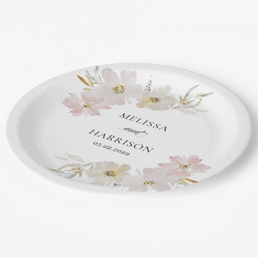 Crème en Blush Waterverf Bloemen Papieren Bordje (Gekanteld)