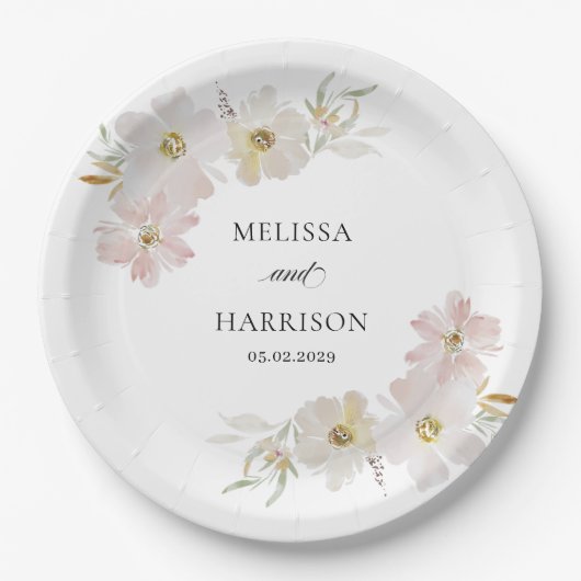 Crème en Blush Waterverf Bloemen Papieren Bordje (Voorkant)