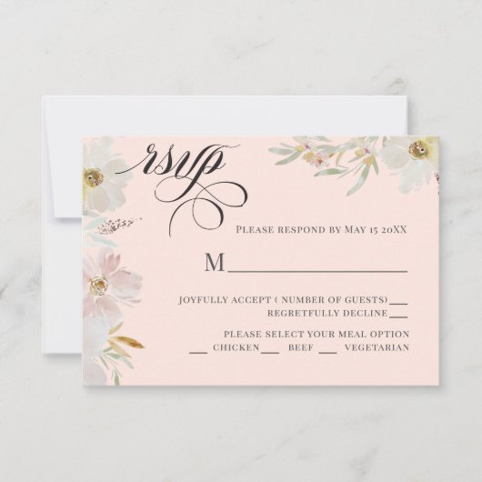 Crème en Blush Waterverf Bloemen RSVP Kaartje (Voorkant)