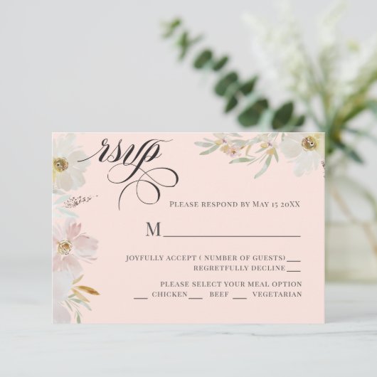 Crème en Blush Waterverf Bloemen RSVP Kaartje (Staand voorkant)