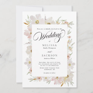 Crème en Blush Waterverf Bloemen Wedding Kaart