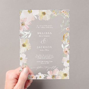 Crème en Blush Waterverf Flower Wedding Uitnodigen Acryl Uitnodigingen