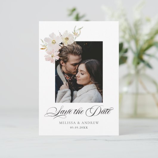 Crème en Blush Waterverf Flowers Bewaar de datum Save The Date (Staand voorkant)