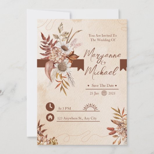 Crème en Bruin Bloemen Waterverf Save the Date Kaart (Voorkant)