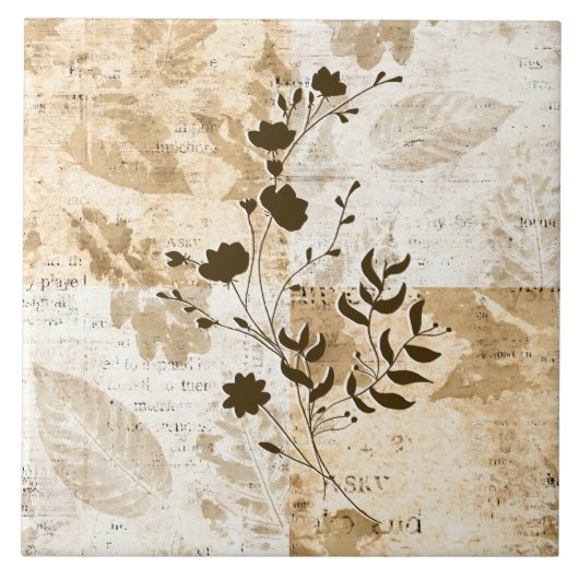 Crème en Bruin Decoratieve Bloemen Tegel Tegeltje (Voorkant)