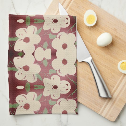  Crème en Cranberry Print Theedoek (Quarter Fold)