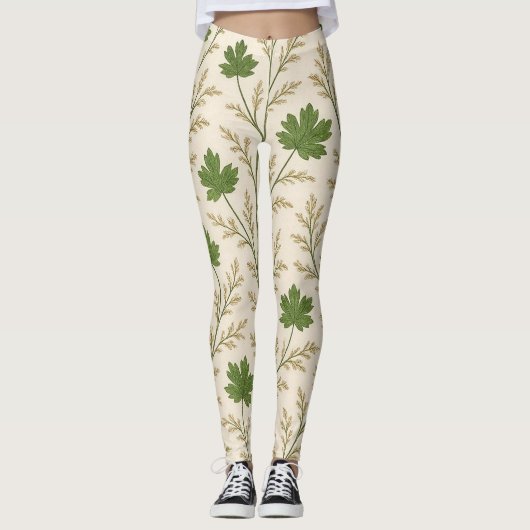 Crème en donkergroene bladeren Leggings (Voorkant)