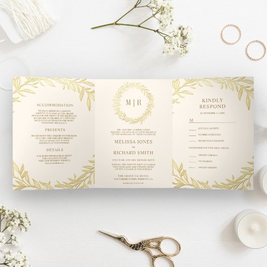 Crème en Gold Leaf Branch Alles in één bruiloft Drieluik Uitnodiging
