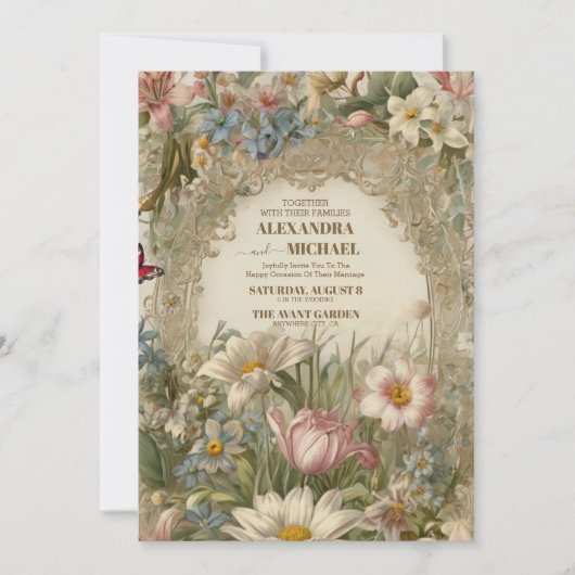 Crème en Goud Antiek Verguld Lijst Bruiloft Kaart (Voorkant)