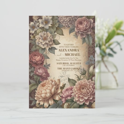 Crème en Goud Antiek Verguld Lijst Bruiloft Kaart (Staand voorkant)