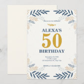 Crème en Goud Bloemen 50ste Verjaardagsfeest Kaart (Voorkant / Achterkant)