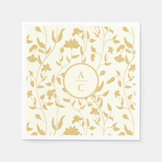 Crème en goud bruiloft Monogram Bloemen Servet (Voorkant)