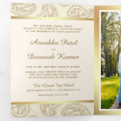 Crème en Goud Paisley Indiase Stijl Huwelijksfoto Drieluik Uitnodiging (Binnenzijde eerst)