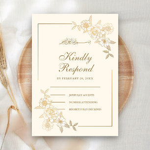 Crème en Gouden Bloemige Bladeren Tak Moslim Bruil RSVP Kaartje