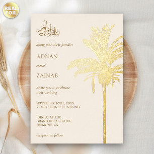 Crème en Gouden Dadelpalm Moslim Bruiloft Folie Uitnodiging