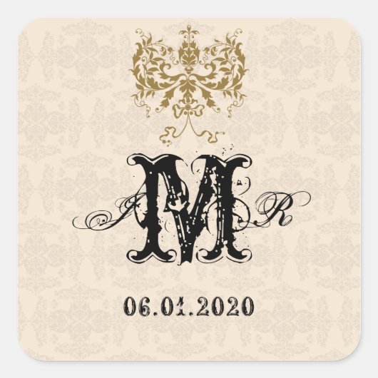 Crème en Gouden Damast Monogram Sticker (Voorkant)