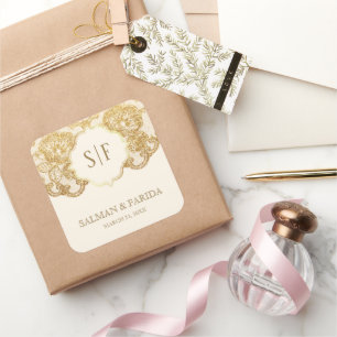 Crème en Gouden Folie Kant Monogram Bruiloft Favor Vierkante Sticker