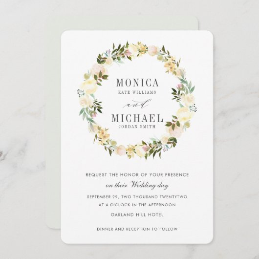 Crème en Grijs | Botanische bloemkrans bruiloft Kaart (Voorkant / Achterkant)