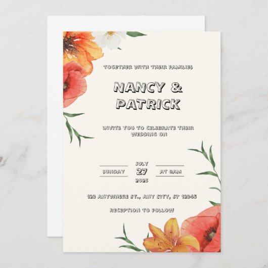 Crème en Groene Bloemen Bruiloft Uitnodiging (Voorkant / Achterkant)