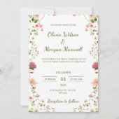 Crème en Groene Bloemen Bruiloft Uitnodiging (Voorkant)