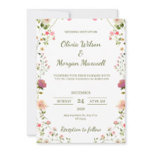 Crème en Groene Bloemen Bruiloft Uitnodiging