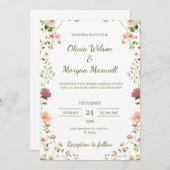 Crème en Groene Bloemen Bruiloft Uitnodiging (Voorkant / Achterkant)