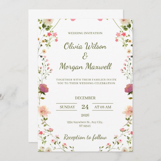 Crème en Groene Bloemen Bruiloft Uitnodiging (Voorkant / Achterkant)