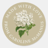 Crème en groene hortensia gemaakt met liefde ronde sticker (Voorkant)
