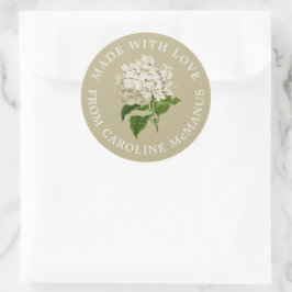 Crème en groene hortensia gemaakt met liefde ronde sticker
