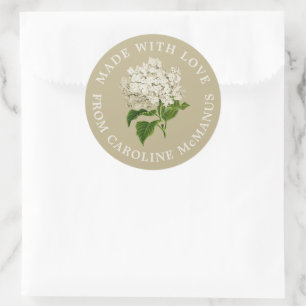 Crème en groene hortensia gemaakt met liefde ronde sticker