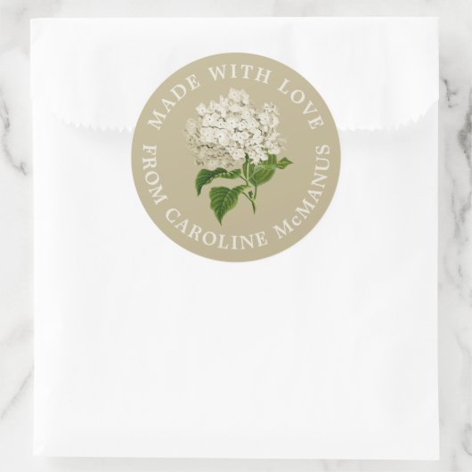 Crème en groene hortensia gemaakt met liefde ronde sticker (Tas)