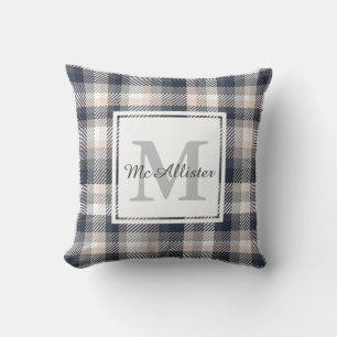 Crème en Heather Grey Plaid Familienaam Kussen