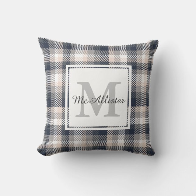 Crème en Heather Grey Plaid Familienaam Kussen (Voorkant)