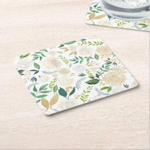 Crème en Ivoor Bloemen Patroon met Glitter Wit Kartonnen Onderzetters