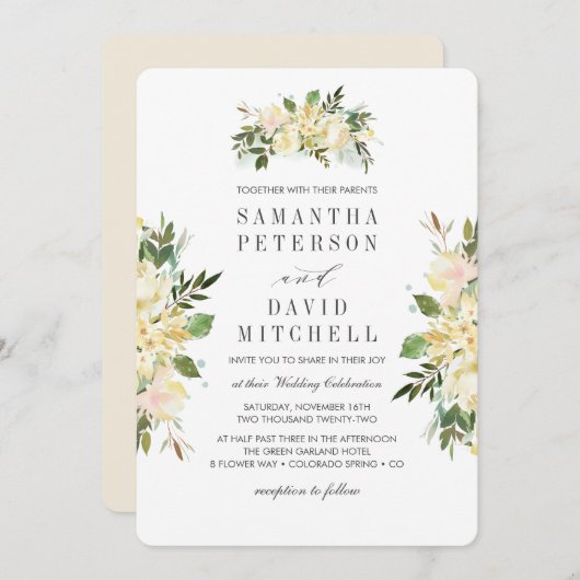 Crème en Ivoor | Botanische chique bloemenbruiloft Kaart (Voorkant / Achterkant)