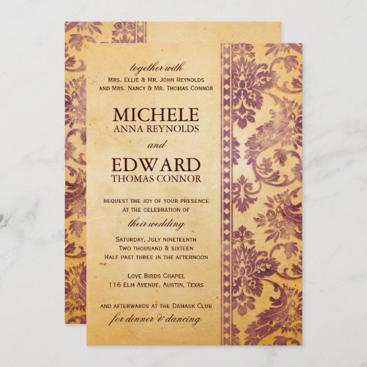  crème en Lila Damask Wedding Kaart (Voorkant / Achterkant)