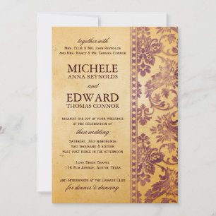 crème en Lila Damask Wedding Kaart