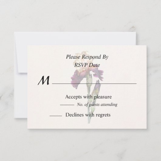Crème en Maroon Iris en Buds RSVP Kaartje (Voorkant)