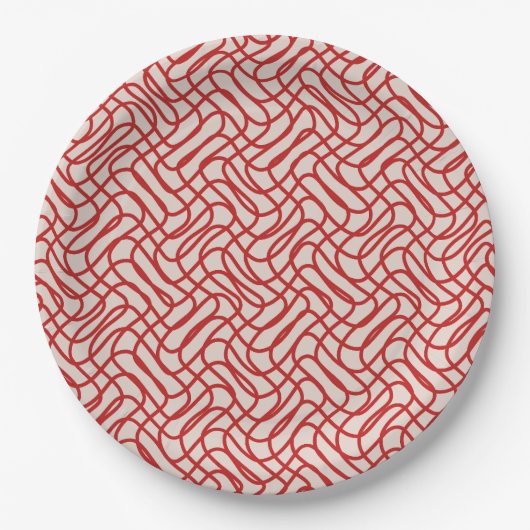 Crème en rode Abstracte lijn patroon Papieren Bordje (Voorkant)