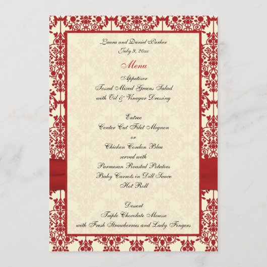 Crème en Rode Damask Bruiloft Menu Kaart (Achterkant)